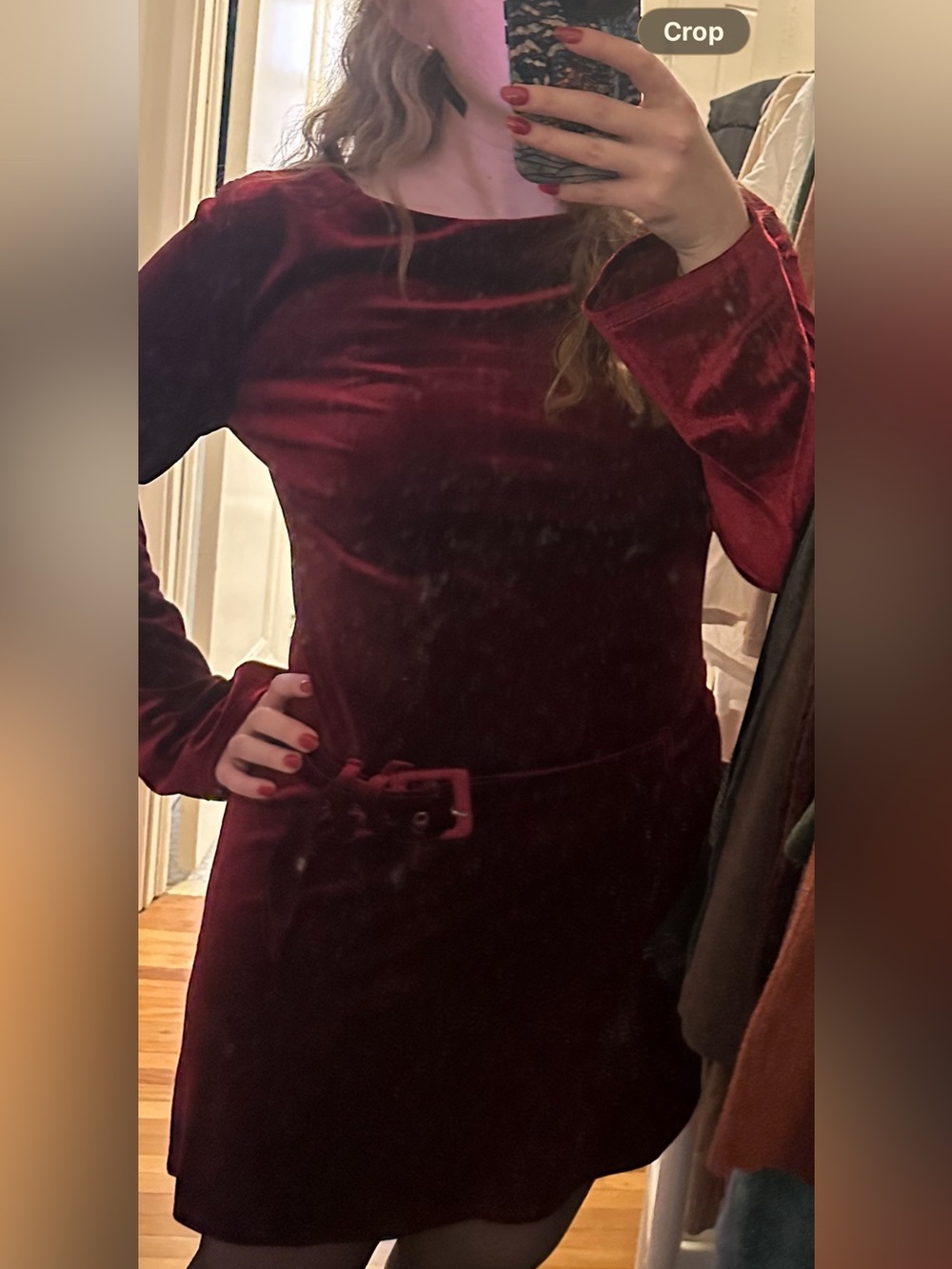 Macy's Burgundy Velvet Long-Sleeve Belted Dress